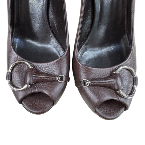 Vintage Gucci Brown Leather Horsebit Peep Toe Pumps Size 39 - Picture 3 of 12
